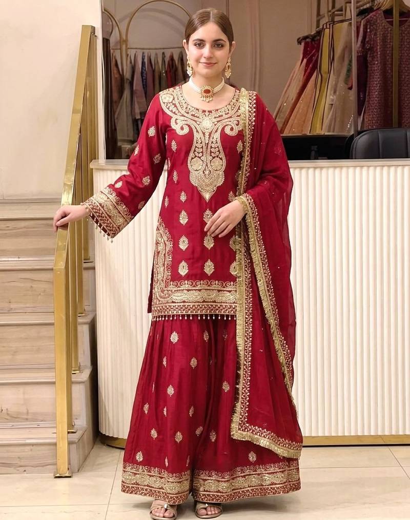 Red chinon readymade suit with embroidery & sequence work