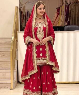 Red chinon readymade suit with embroidery & sequence work 2