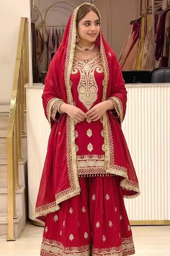 Red chinon readymade suit with embroidery & sequence work