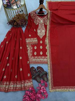 Red chinon readymade suit with embroidery & sequence work 3
