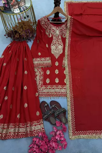 Red chinon readymade suit with embroidery & sequence work