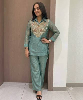 Blue silk blend readymade 2 piece set with embroidery & beads work 1