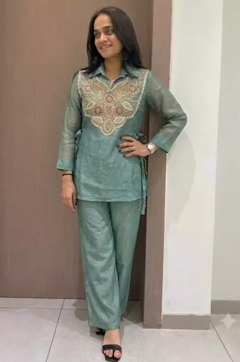 Blue silk blend readymade 2 piece set with embroidery & beads work