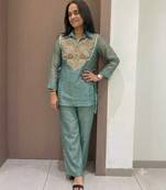 Blue silk blend readymade 2 piece set with embroidery & beads work