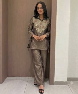 Brown silk blend readymade 2 piece set with embroidery & beads work 1