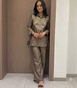 Brown silk blend readymade 2 piece set with embroidery & beads work