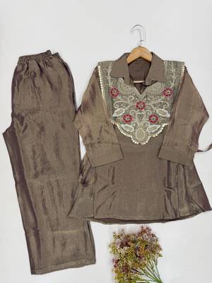 Brown silk blend readymade 2 piece set with embroidery & beads work 3