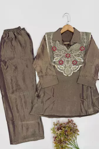 Brown silk blend readymade 2 piece set with embroidery & beads work