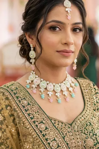 Pink pista set with earrings & maang tikka kundan & agate stone lekar gold plating