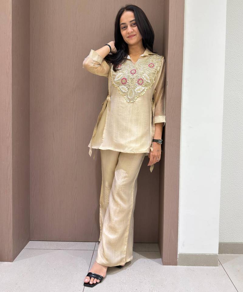 Off silk blend readymade 2 piece set with embroidery & beads work