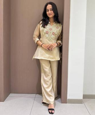 Off silk blend readymade 2 piece set with embroidery & beads work 2