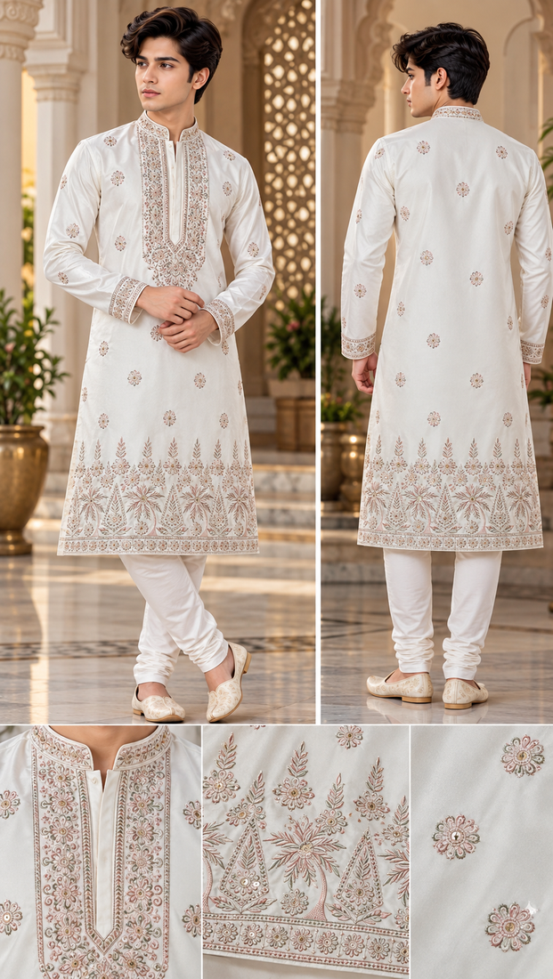 Royal ivory kurta set with all-over motifs