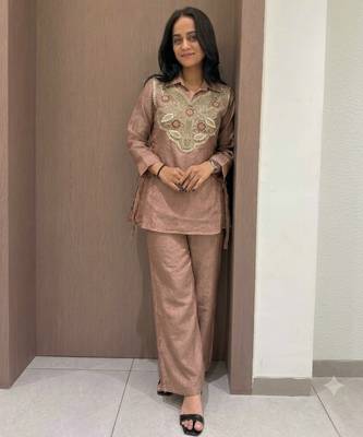 Peach silk blend readymade 2 piece set with embroidery & beads work 1
