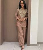 Peach silk blend readymade 2 piece set with embroidery & beads work