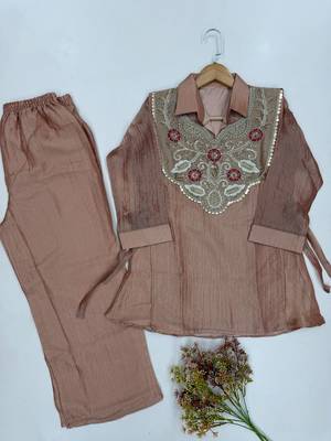 Peach silk blend readymade 2 piece set with embroidery & beads work 2