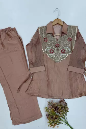 Peach silk blend readymade 2 piece set with embroidery & beads work