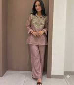Pink silk blend readymade 2 piece set with embroidery & beads work