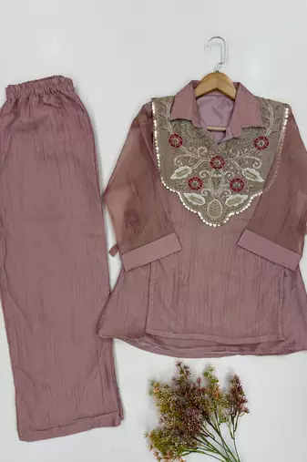 Pink silk blend readymade 2 piece set with embroidery & beads work
