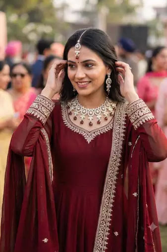Maroon green set with earrings & maang tikka kundan & agate stone lekar gold plating