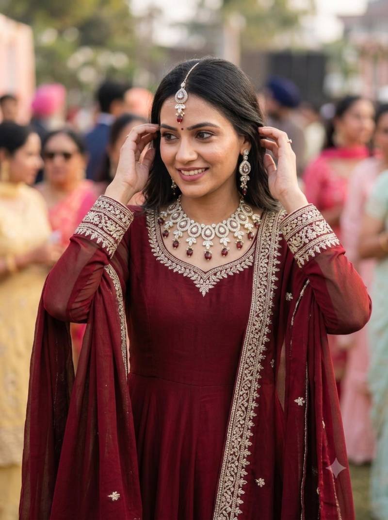 Maroon green set with earrings & maang tikka kundan & agate stone lekar gold plating