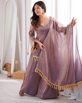 Lavender silk blend readymade suit with mirror & border work 1