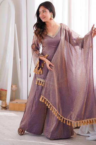 Lavender silk blend readymade suit with mirror & border work