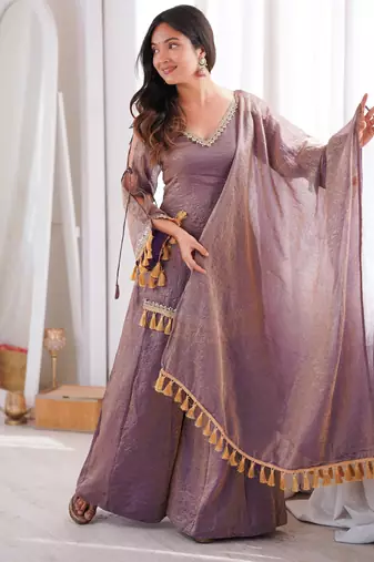 Lavender silk blend readymade suit with mirror & border work