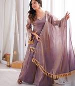 Lavender silk blend readymade suit with mirror & border work