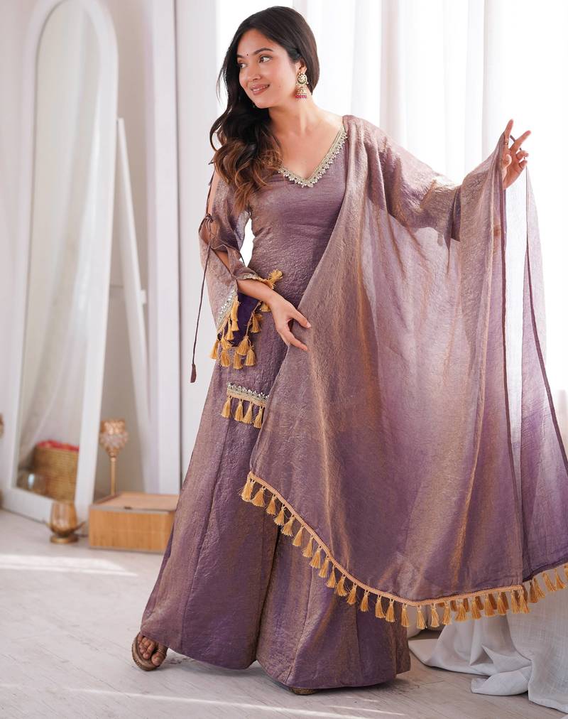 Lavender silk blend readymade suit with mirror & border work