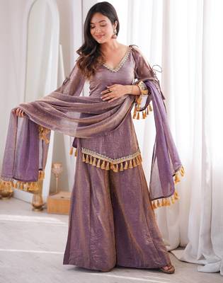 Lavender silk blend readymade suit with mirror & border work 3