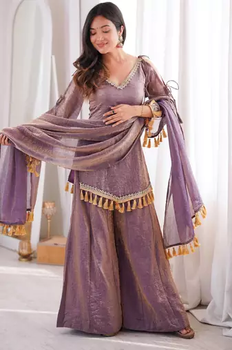 Lavender silk blend readymade suit with mirror & border work
