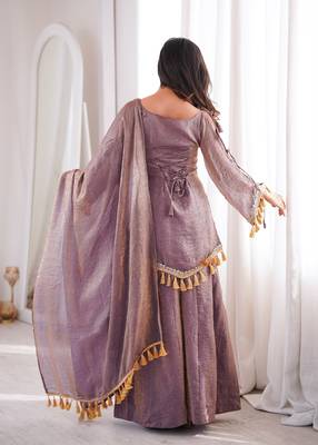 Lavender silk blend readymade suit with mirror & border work 4
