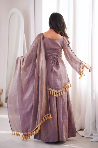 Lavender silk blend readymade suit with mirror & border work