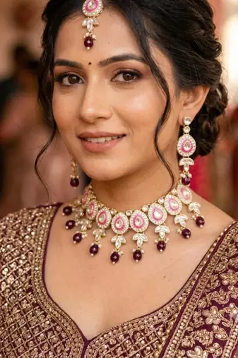 Purple green set with earrings & maang tikka kundan & agate stone lekar gold plating