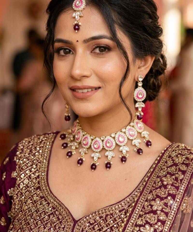 Purple green set with earrings & maang tikka kundan & agate stone lekar gold plating