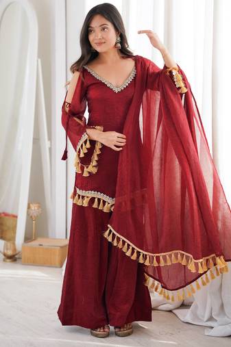 Red silk blend readymade suit with mirror & border work