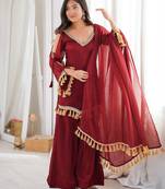 Red silk blend readymade suit with mirror & border work