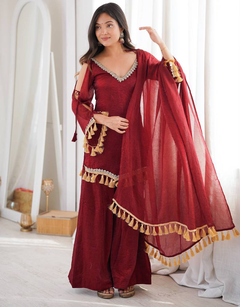 Red silk blend readymade suit with mirror & border work