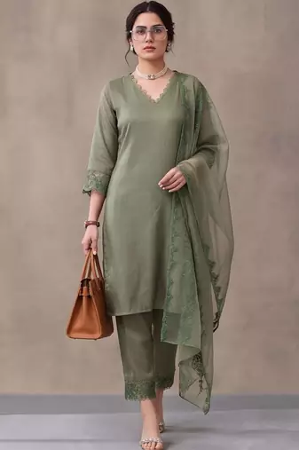 women ethnic motifs embroidered regular thread work kurta & trousers with dupatta