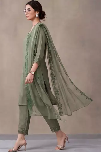 women ethnic motifs embroidered regular thread work kurta & trousers with dupatta