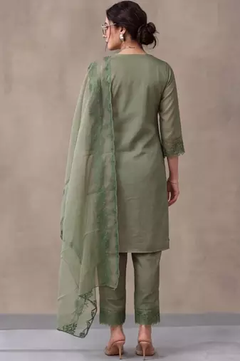 women ethnic motifs embroidered regular thread work kurta & trousers with dupatta