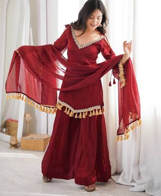 Red silk blend readymade suit with mirror & border work 2