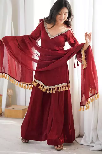 Red silk blend readymade suit with mirror & border work