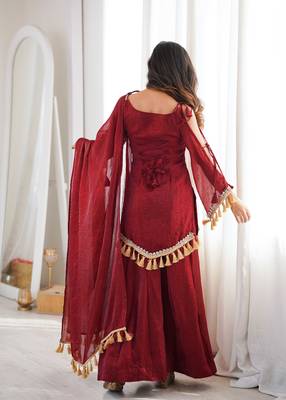 Red silk blend readymade suit with mirror & border work 3