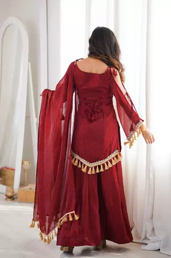 Red silk blend readymade suit with mirror & border work