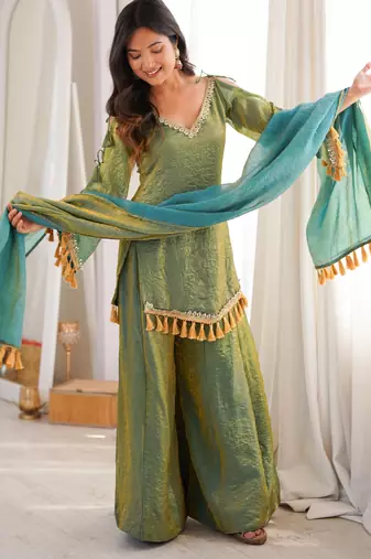 Sage silk blend readymade suit with mirror & border work