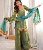 Sage silk blend readymade suit with mirror & border work