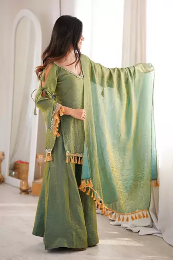 Sage silk blend readymade suit with mirror & border work