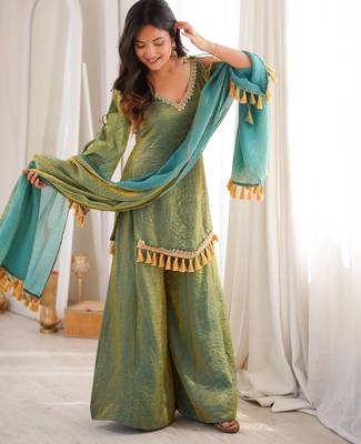 Sage silk blend readymade suit with mirror & border work 3