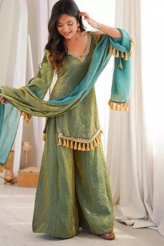 Sage silk blend readymade suit with mirror & border work